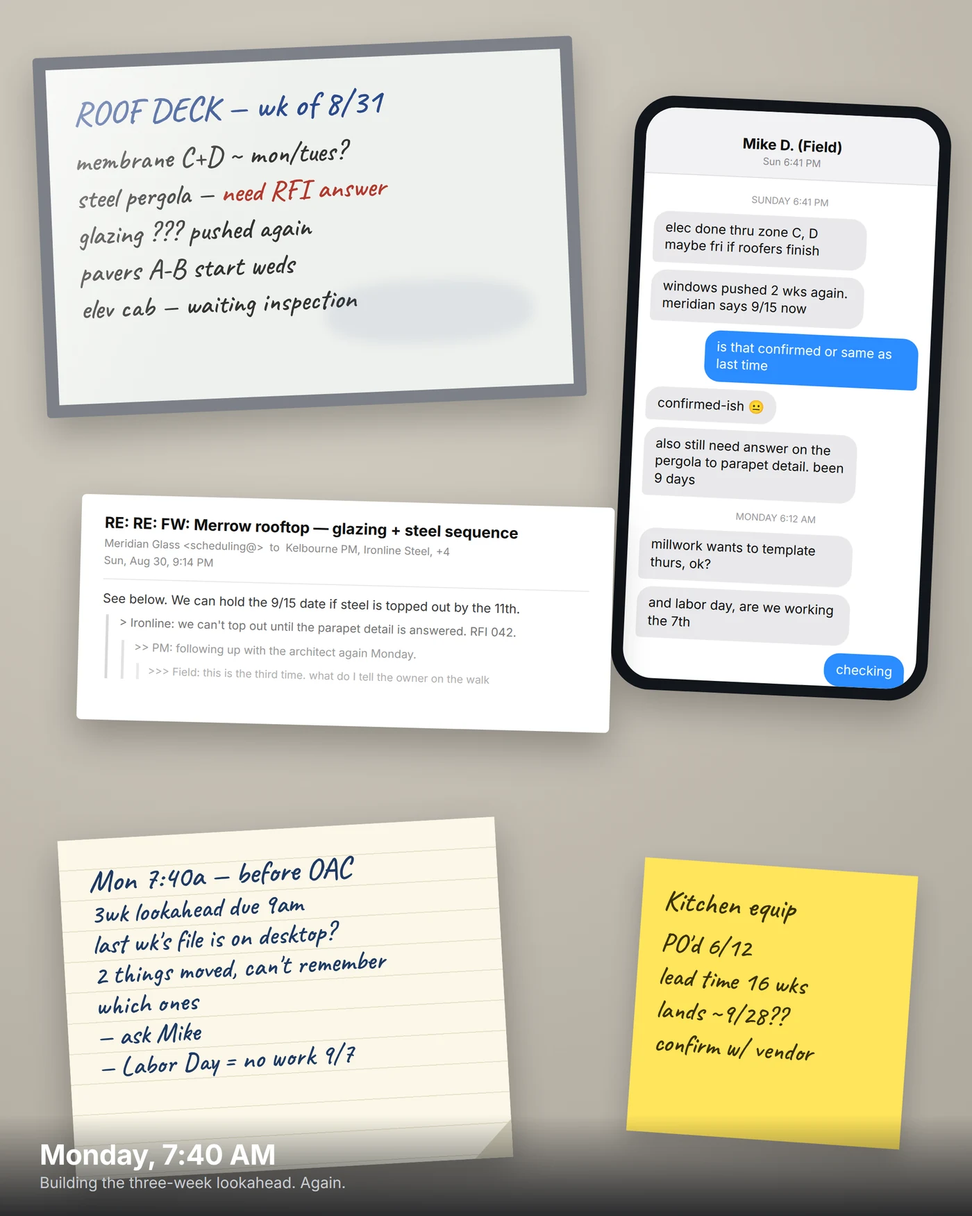 A whiteboard of rooftop deck activities, a text thread with the field superintendent, a forwarded email chain four replies deep about glazing and steel, and two handwritten notes.